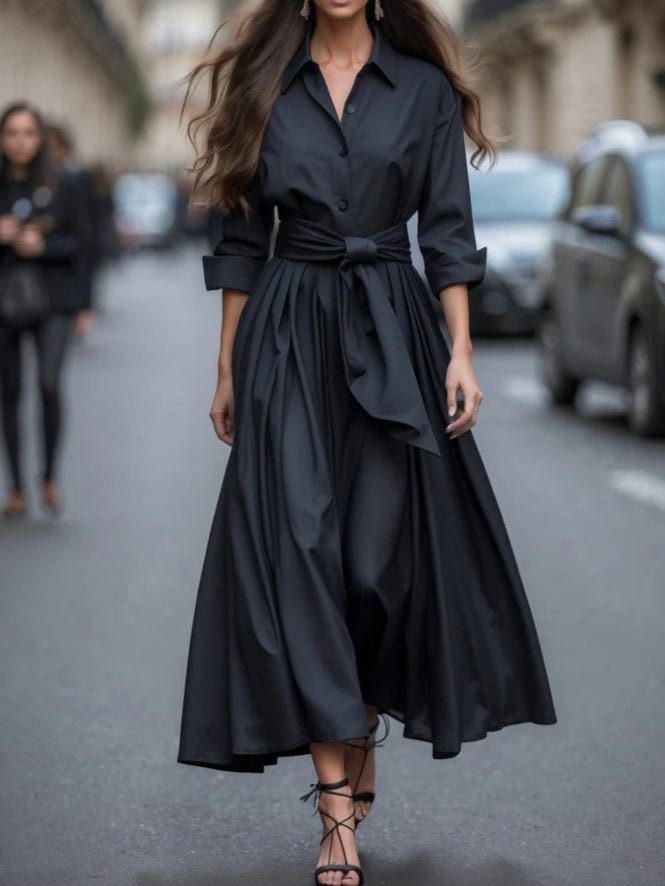 Collared Long Sleeve Bow Tie Waist Shirt Flared Maxi Dress - Formal Evening Gown