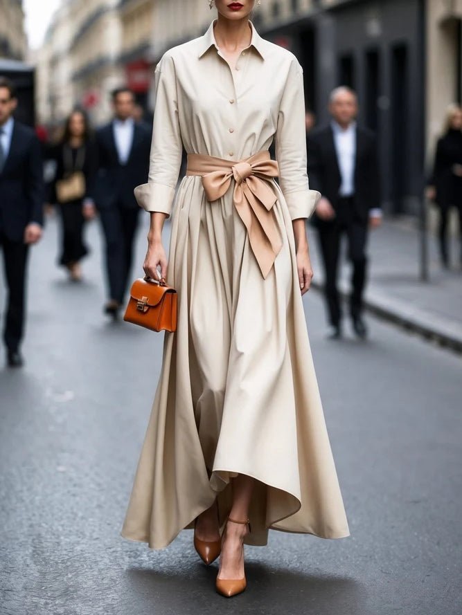 Collared Long Sleeve Bow Tie Waist Shirt Flared Maxi Dress - Formal Evening Gown