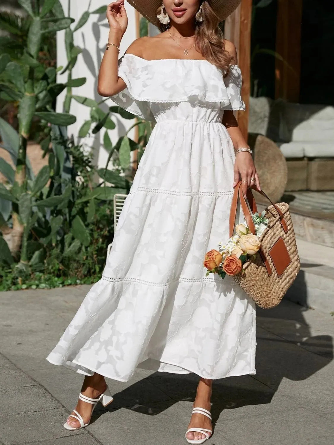 Off Shoulder Ruffle Lace Trim Jacquard Tiered Maxi Dress - Wedding Guest