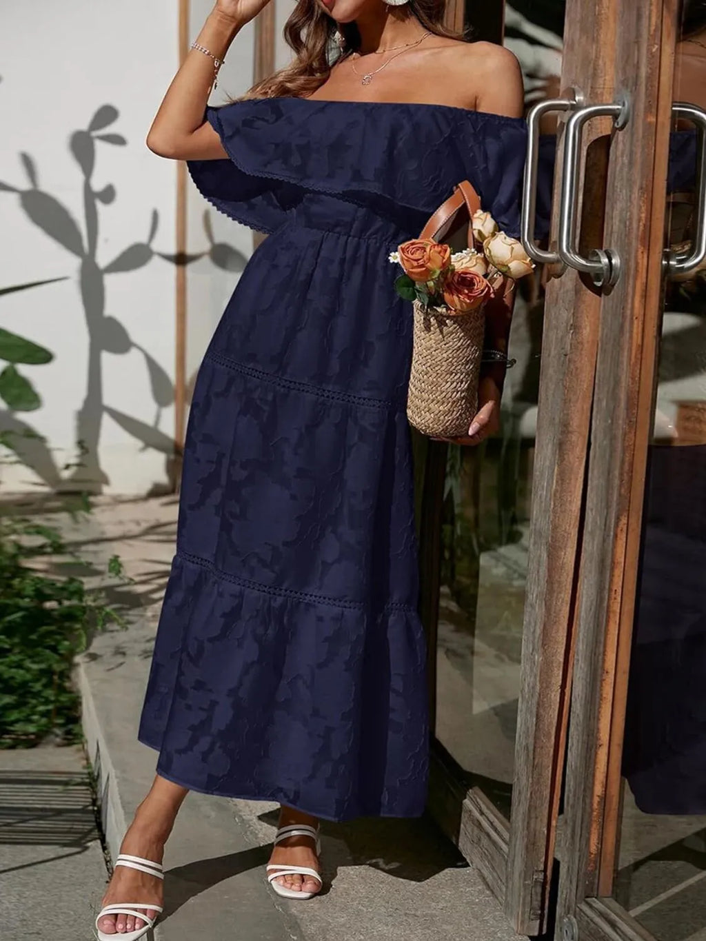 Off Shoulder Ruffle Lace Trim Jacquard Tiered Maxi Dress - Wedding Guest