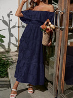 Jacquard Off Shoulder Ruffle Lace Trim Tiered Flowy Maxi Dress - Wedding Guest