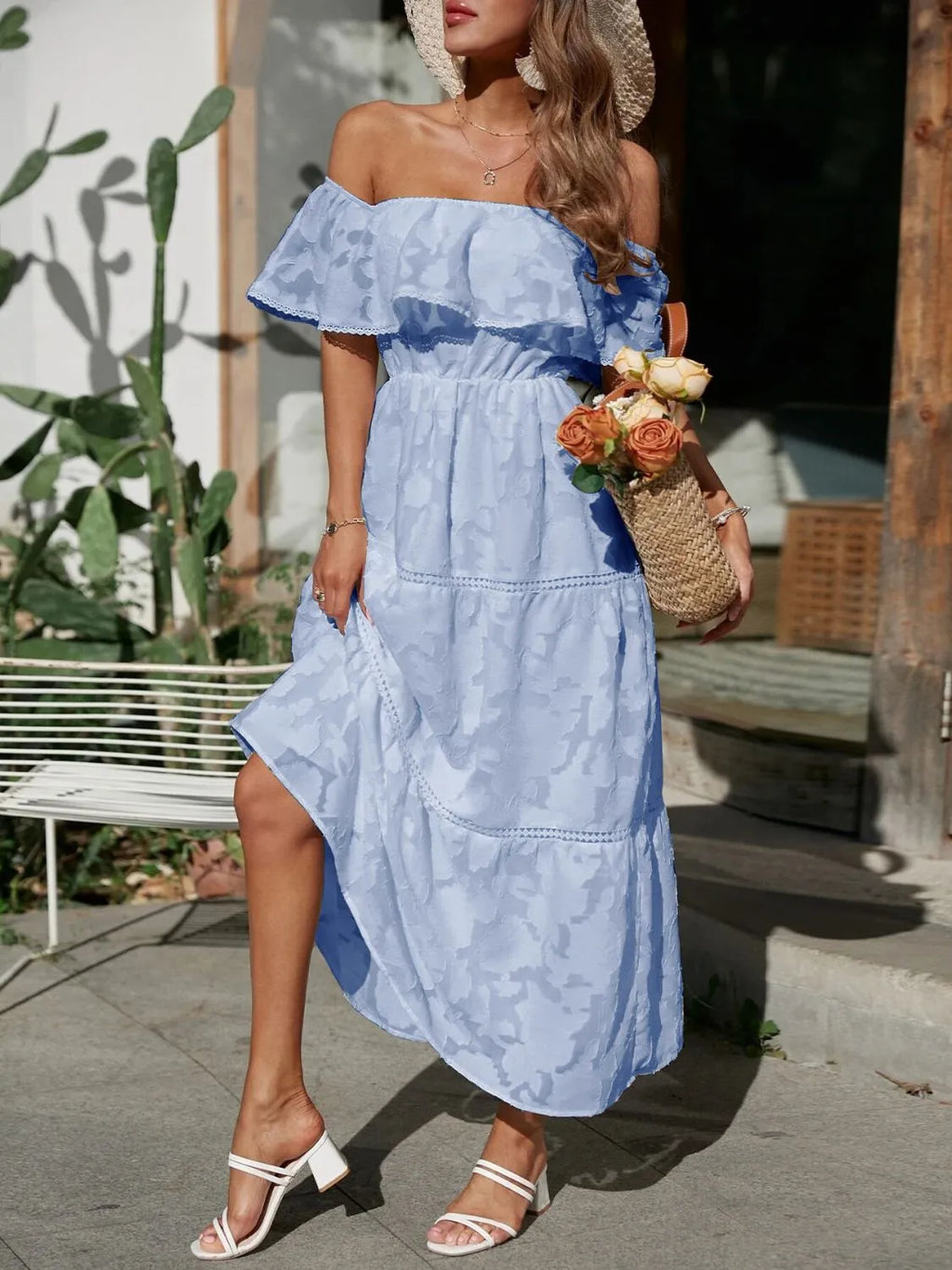 Jacquard Off Shoulder Ruffle Lace Trim Tiered Flowy Maxi Dress - Wedding Guest