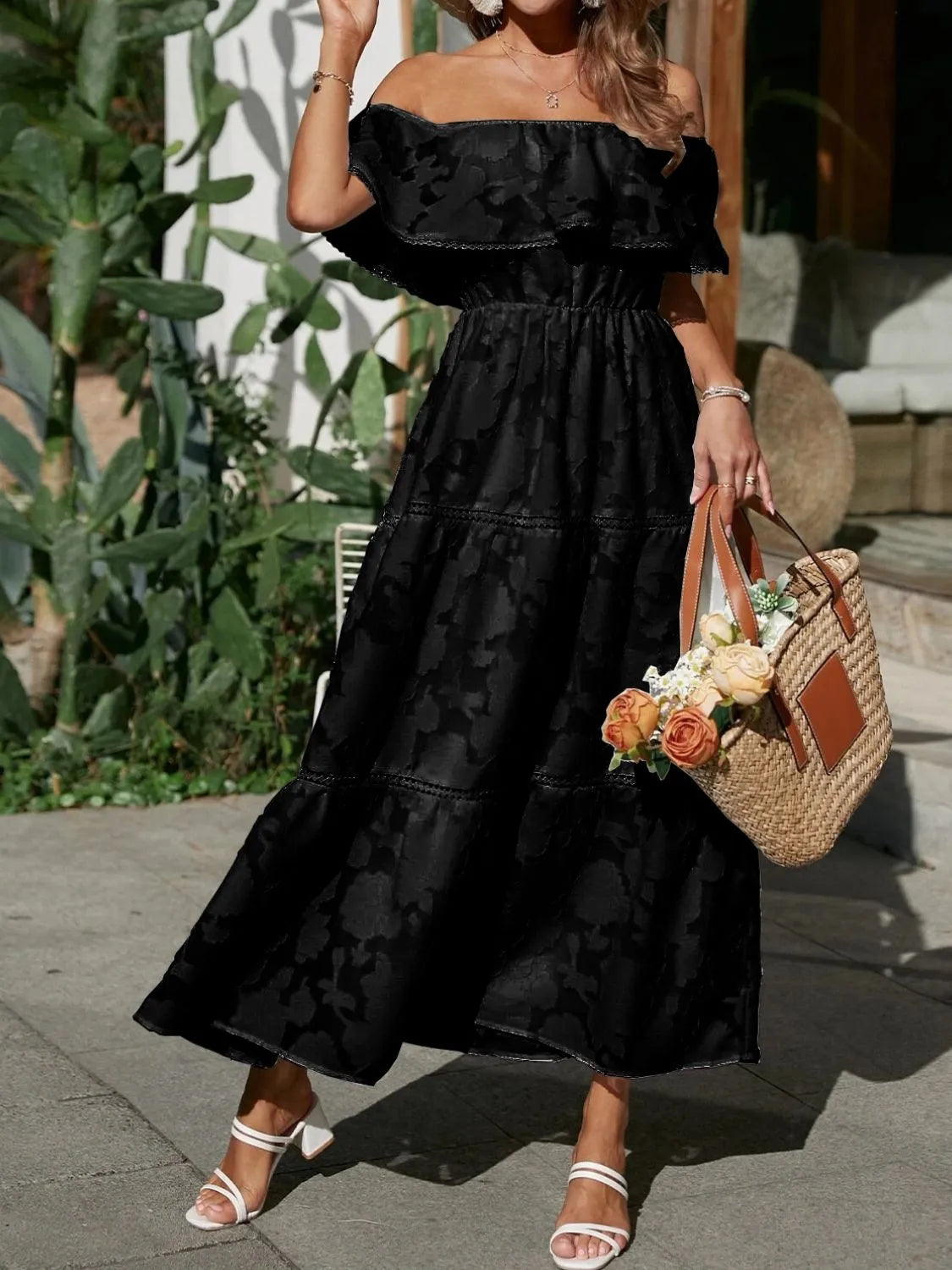 Jacquard Off Shoulder Ruffle Lace Trim Tiered Flowy Maxi Dress - Wedding Guest