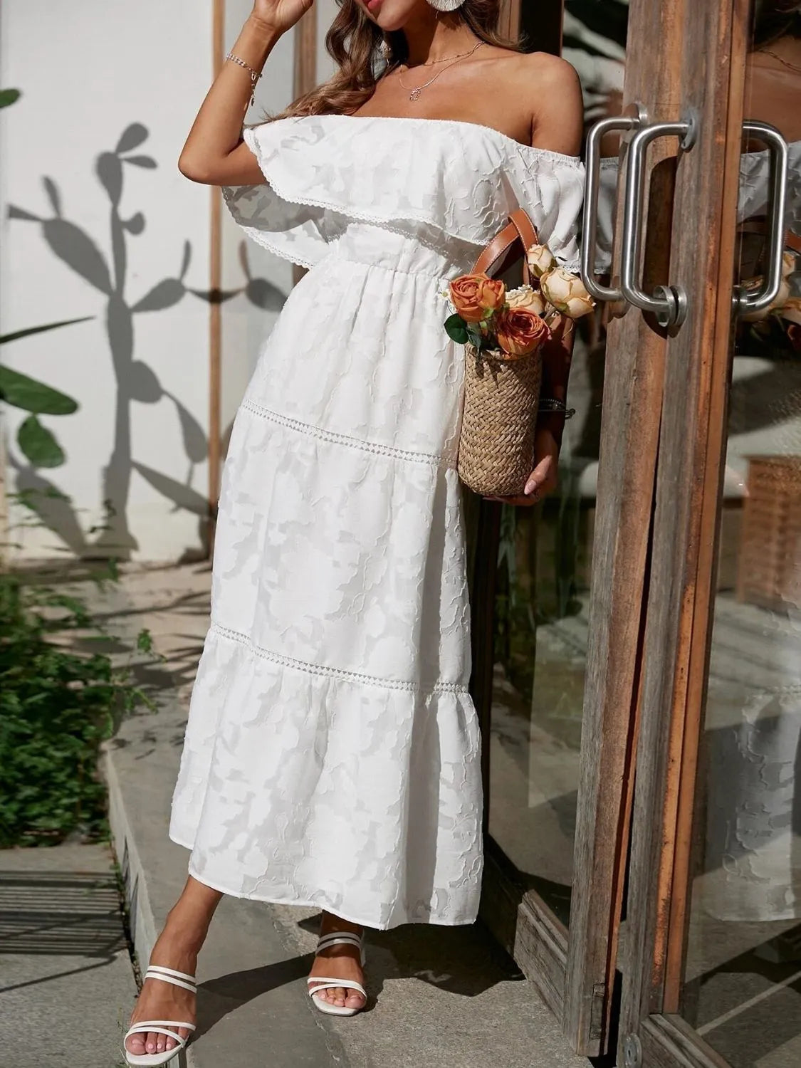 Jacquard Off Shoulder Ruffle Lace Trim Tiered Flowy Maxi Dress - Wedding Guest