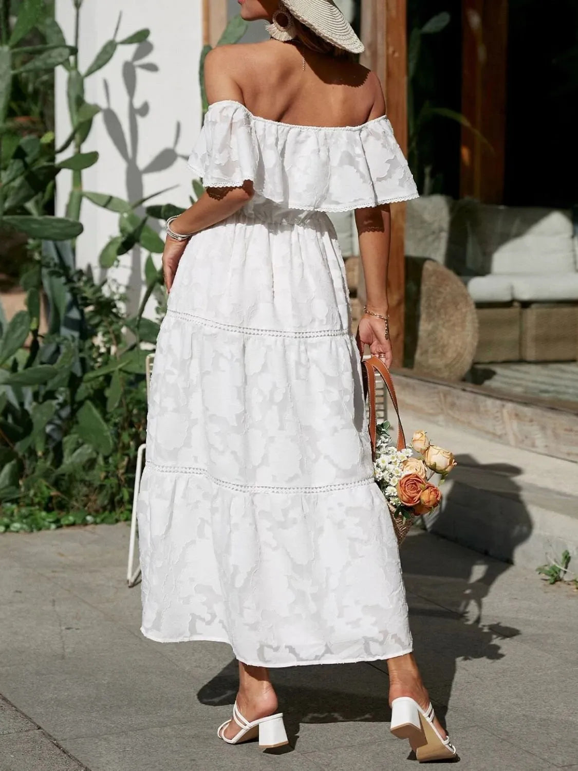 Off Shoulder Ruffle Lace Trim Jacquard Tiered Maxi Dress - Wedding Guest