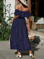 Off Shoulder Ruffle Lace Trim Jacquard Tiered Maxi Dress - Wedding Guest