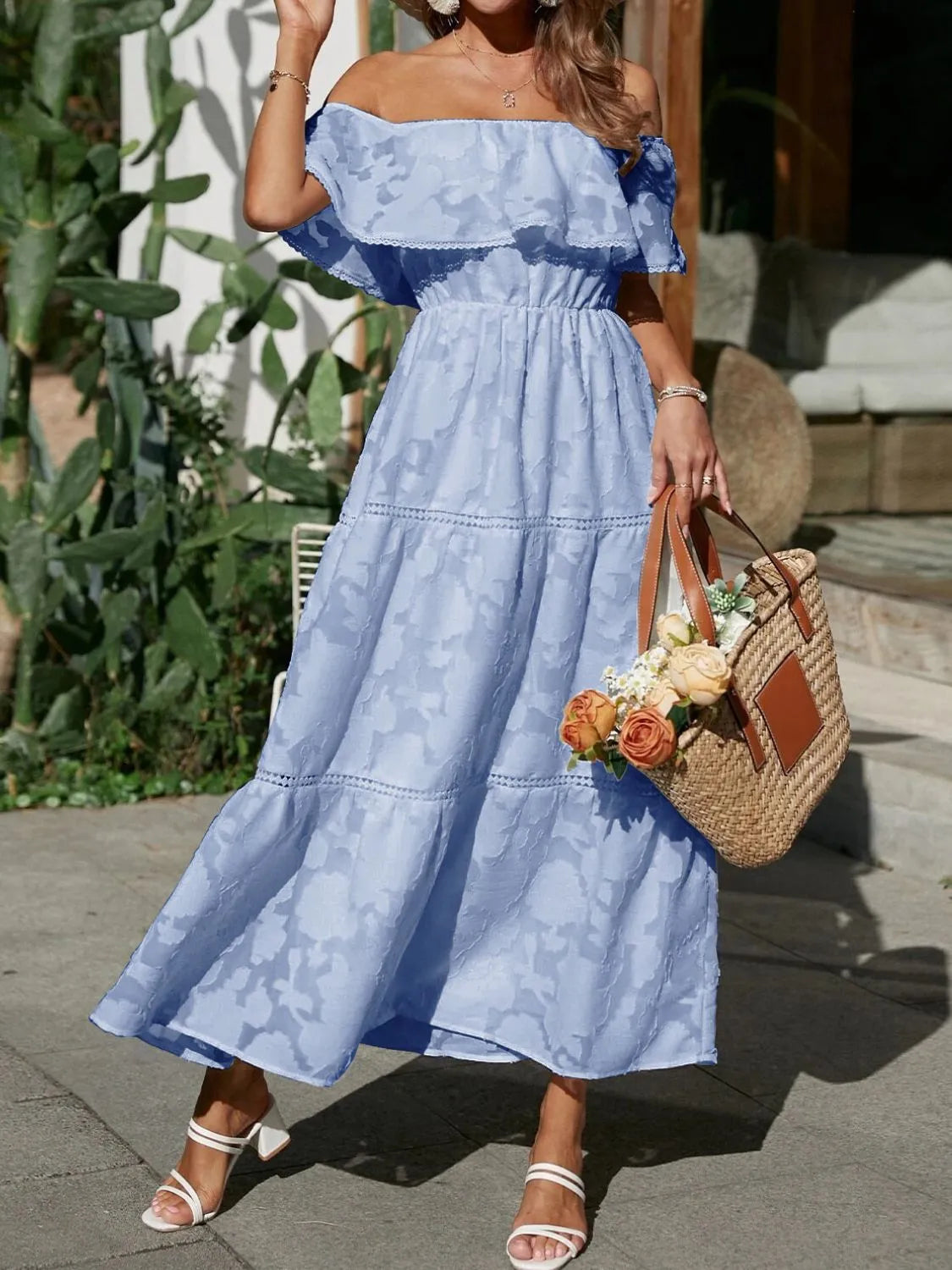 Jacquard Off Shoulder Ruffle Lace Trim Tiered Flowy Maxi Dress - Wedding Guest