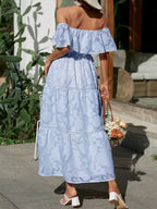 Off Shoulder Ruffle Lace Trim Jacquard Tiered Maxi Dress - Wedding Guest