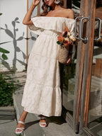 Jacquard Off Shoulder Ruffle Lace Trim Tiered Flowy Maxi Dress - Wedding Guest
