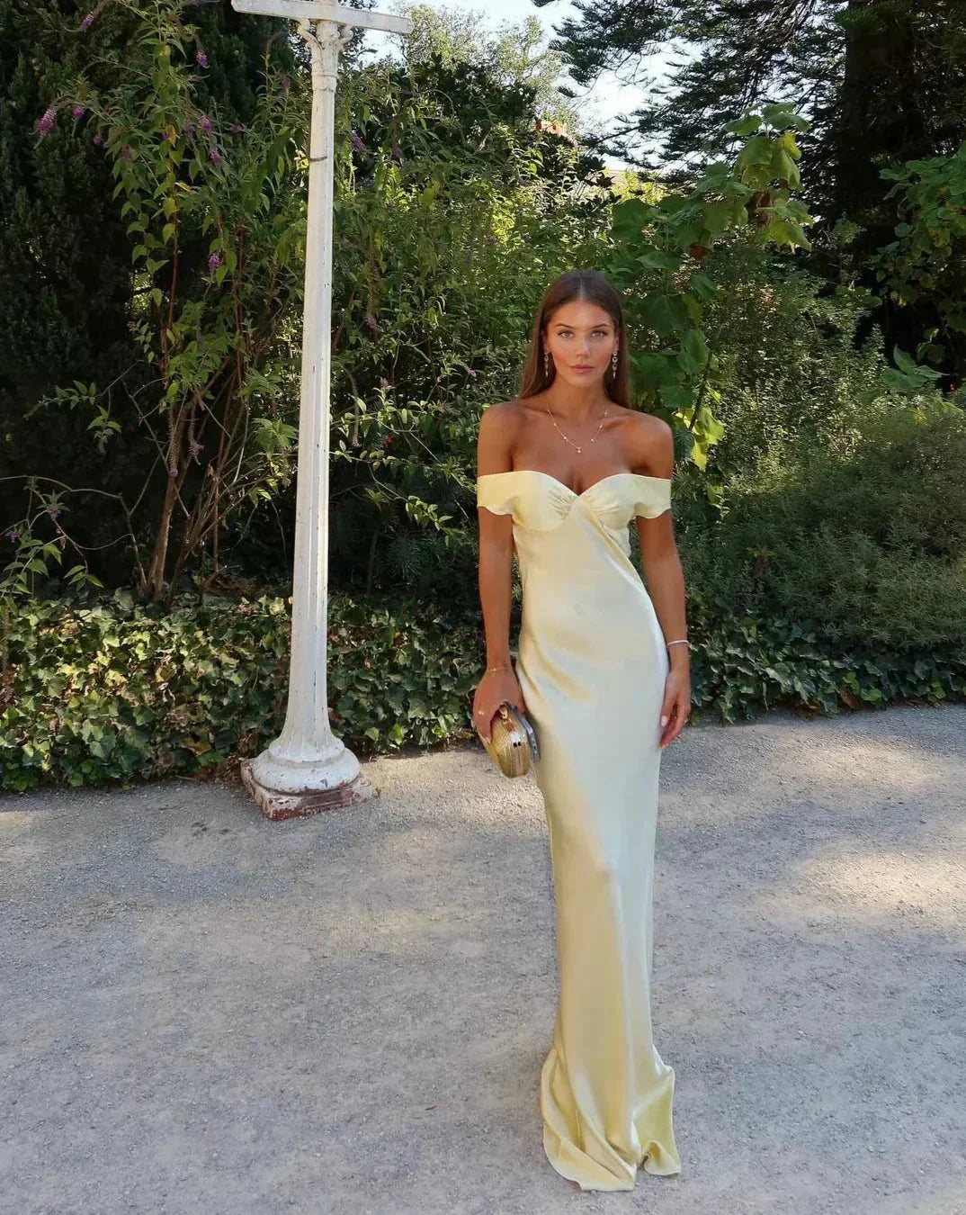 Satin Off Shoulder Sweetheart Bodycon Maxi Dress - Formal Evening Gown