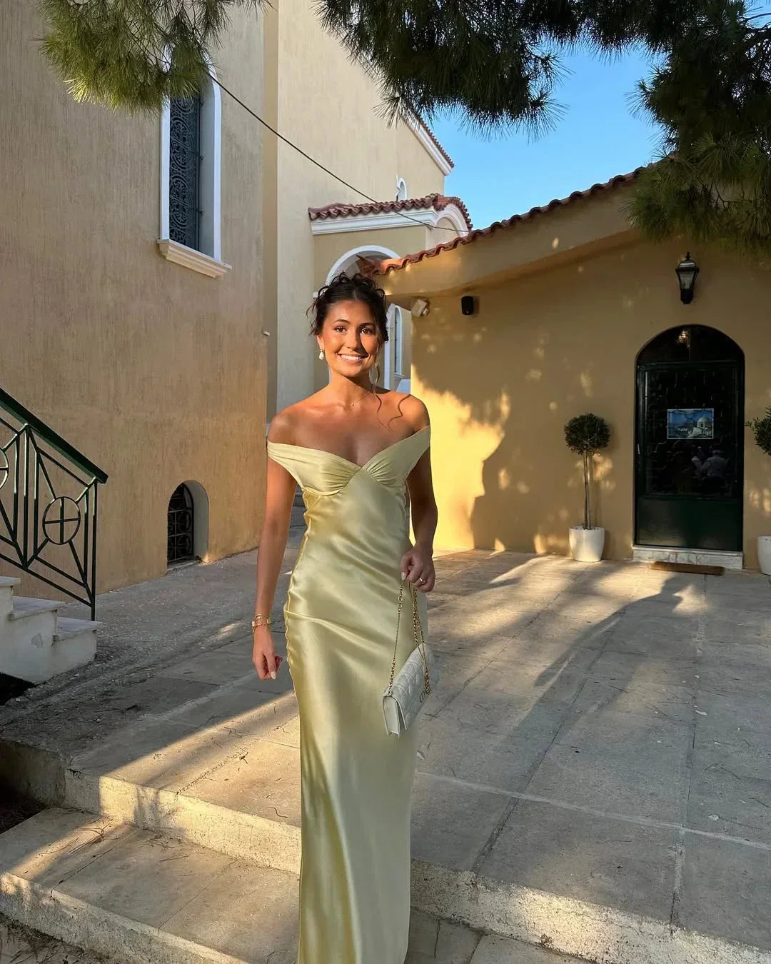 Satin Off Shoulder Sweetheart Bodycon Maxi Dress - Formal Evening Gown