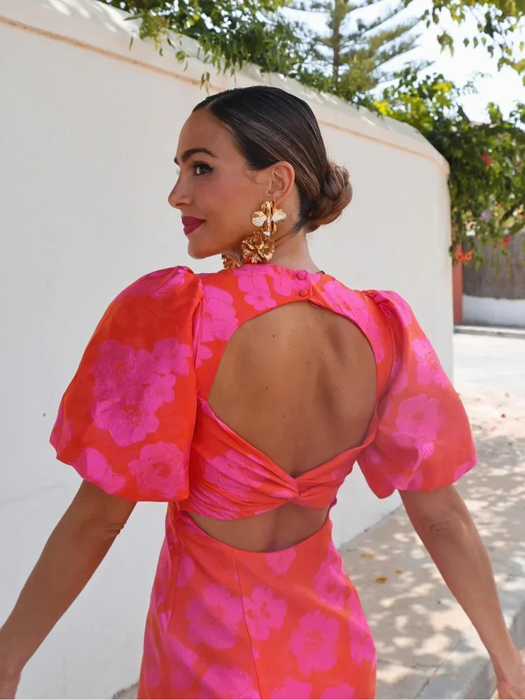 Floral Puff Sleeve Sweetheart Neck Fitted Mini Dress