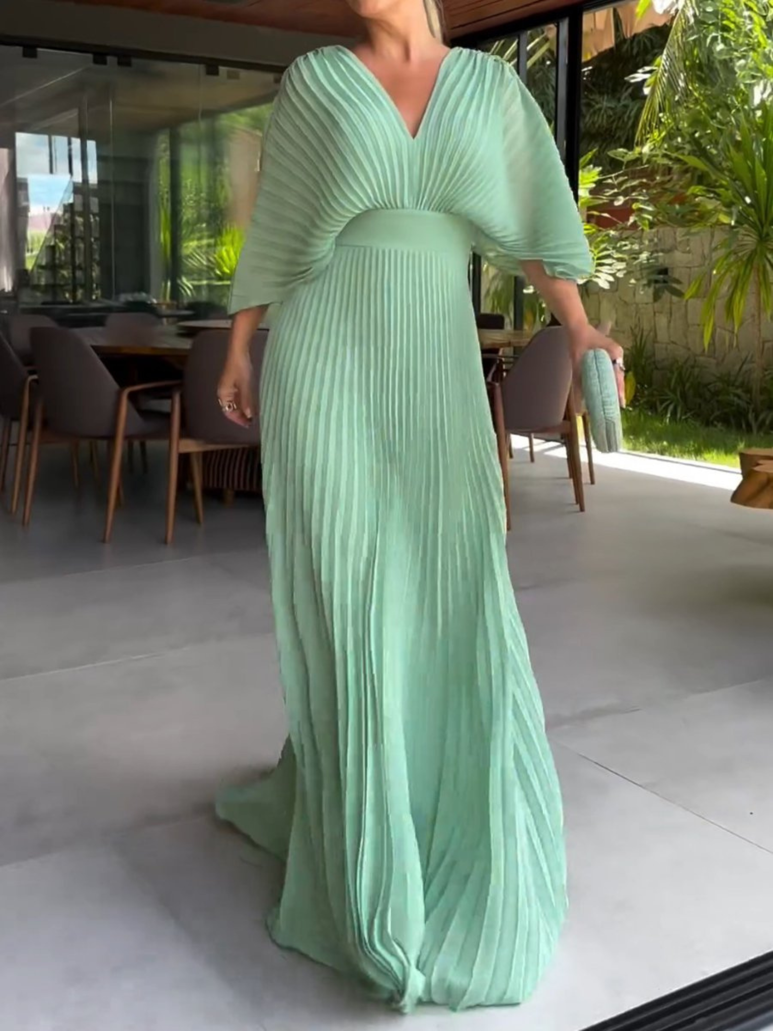 Pleated Batwing Sleeve V Neck Maxi Dress - Wedding Guest