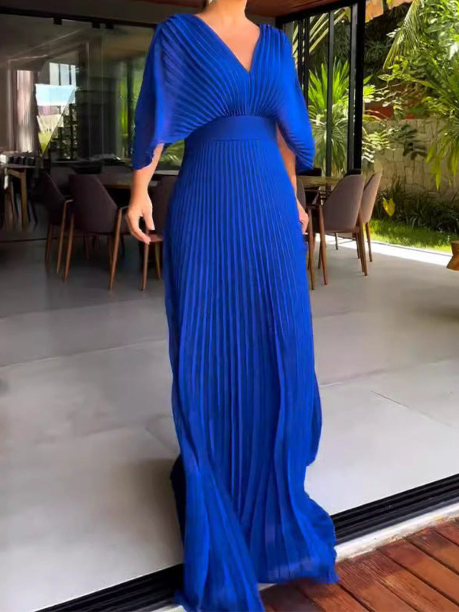 Pleated Batwing Sleeve V Neck Maxi Dress - Wedding Guest