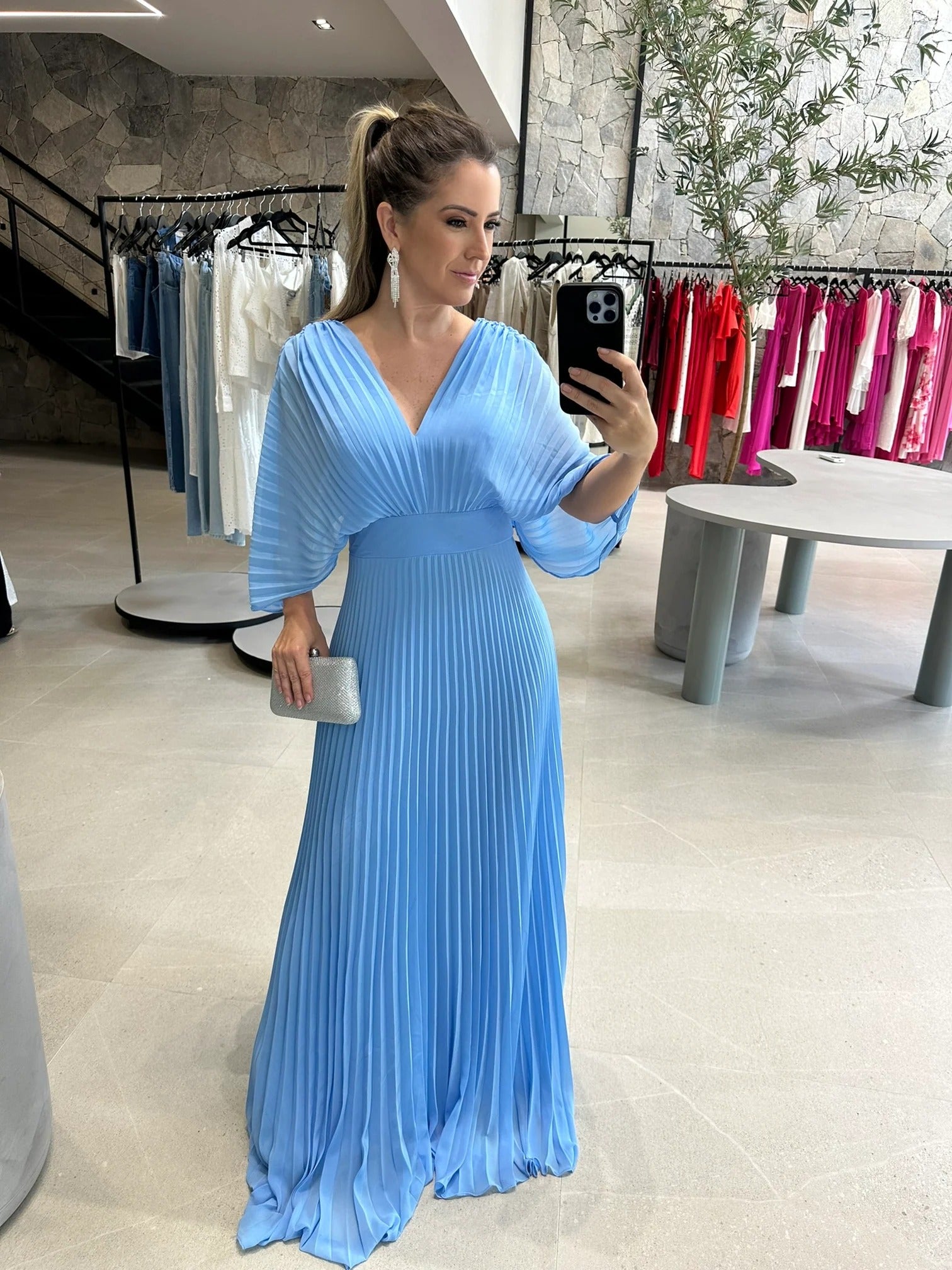 Pleated Batwing Sleeve V Neck Maxi Dress - Wedding Guest