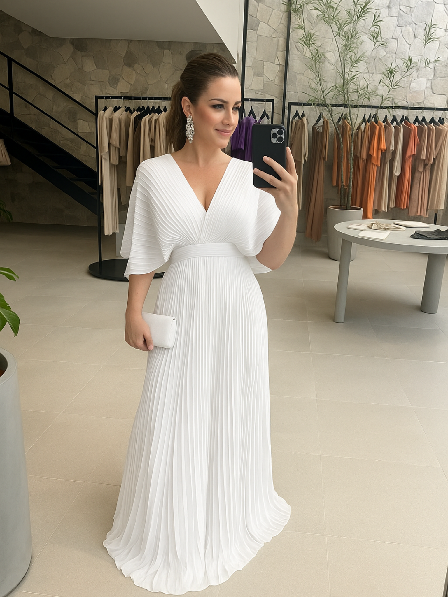 Pleated Batwing Sleeve V Neck Maxi Dress - Wedding Guest