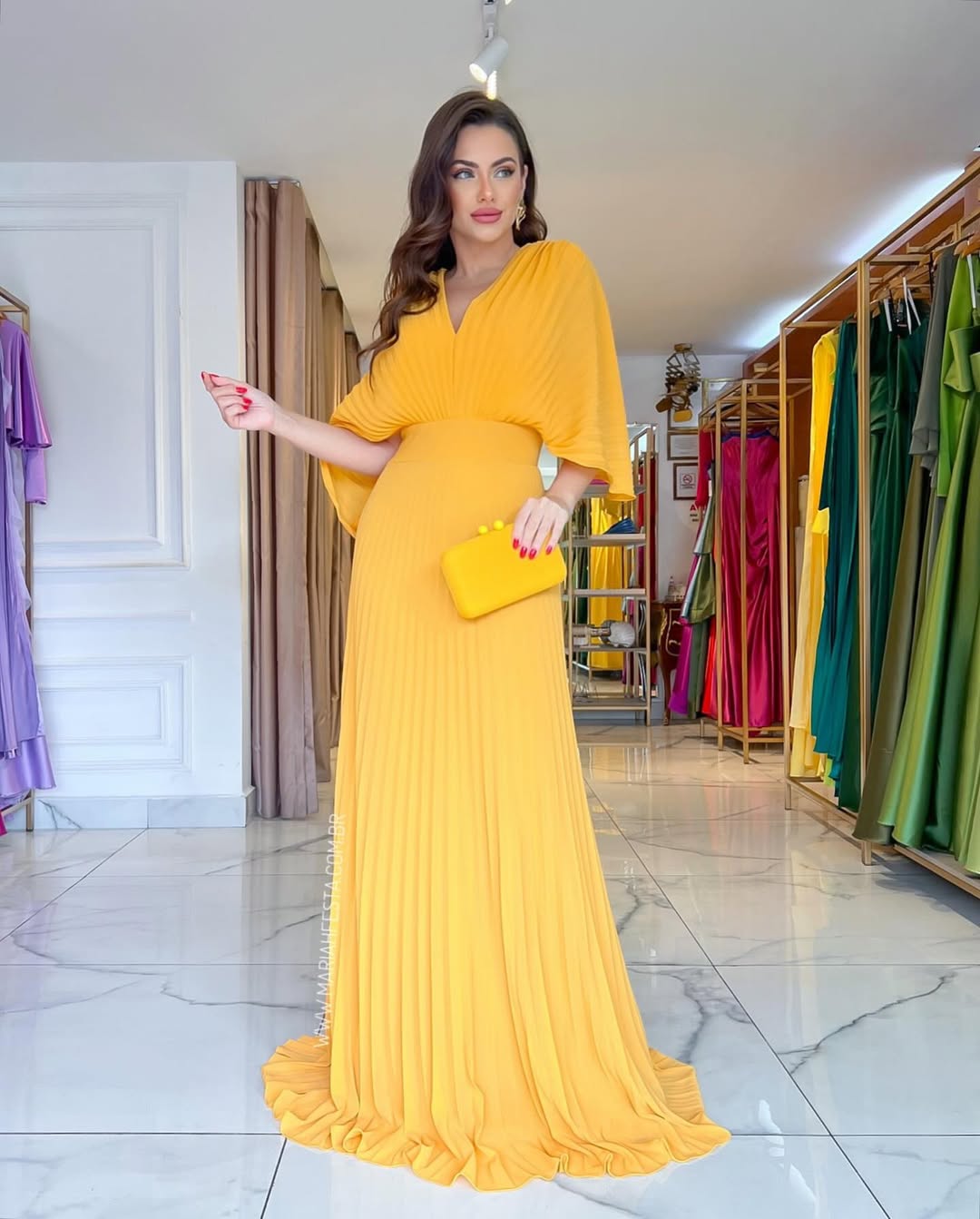 Pleated Batwing Sleeve V Neck Maxi Dress - Wedding Guest