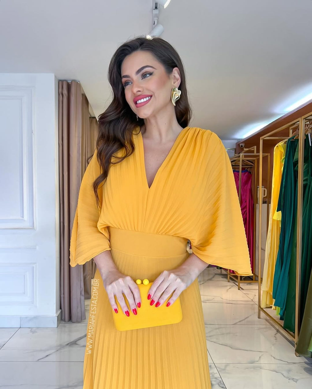 Pleated Batwing Sleeve V Neck Maxi Dress - Wedding Guest