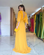 Pleated Batwing Sleeve V Neck Maxi Dress - Wedding Guest