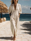 Striped Linen V Neck Puff Sleeve Side Split Casual Maxi Dress