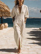 Striped Linen V Neck Puff Sleeve Side Split Casual Maxi Dress