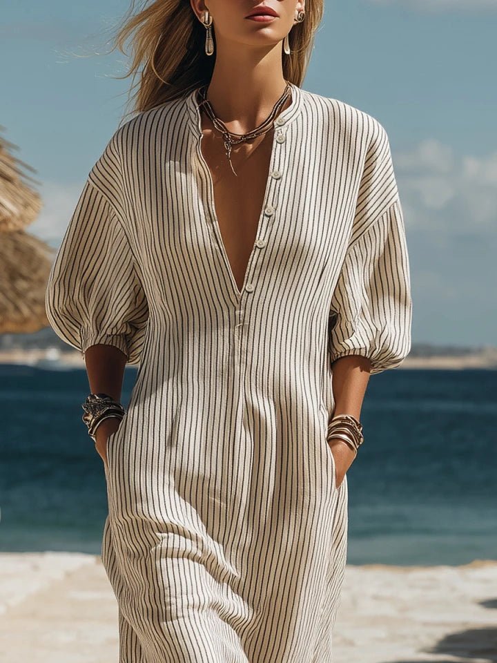 Striped Linen V Neck Puff Sleeve Side Split Casual Maxi Dress