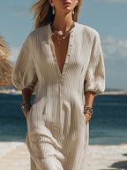 Striped Linen V Neck Puff Sleeve Side Split Casual Maxi Dress
