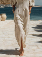 Striped Linen V Neck Puff Sleeve Side Split Casual Maxi Dress