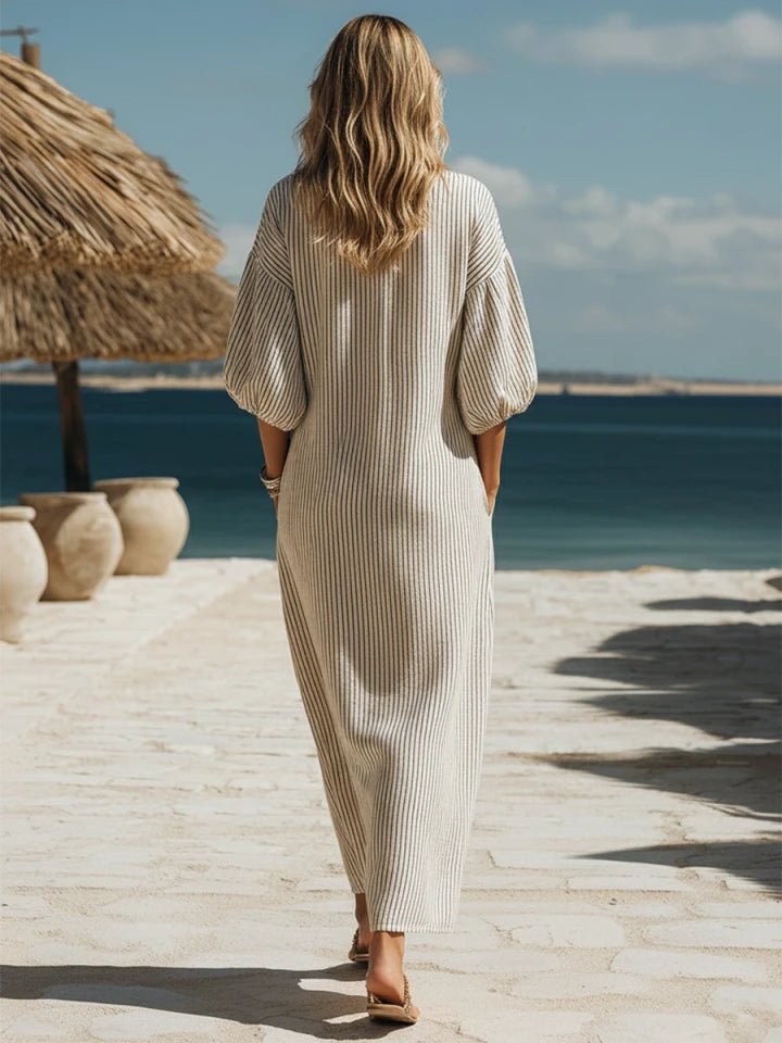 Striped Linen V Neck Puff Sleeve Side Split Casual Maxi Dress
