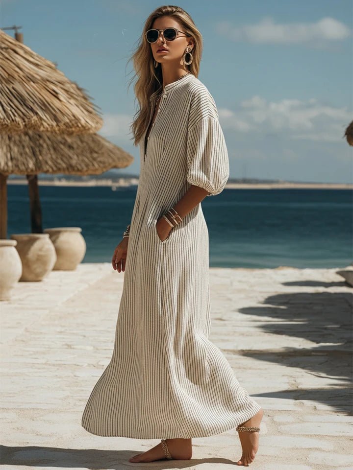 Striped Linen V Neck Puff Sleeve Side Split Casual Maxi Dress