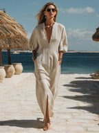 Striped Linen V Neck Puff Sleeve Side Split Casual Maxi Dress