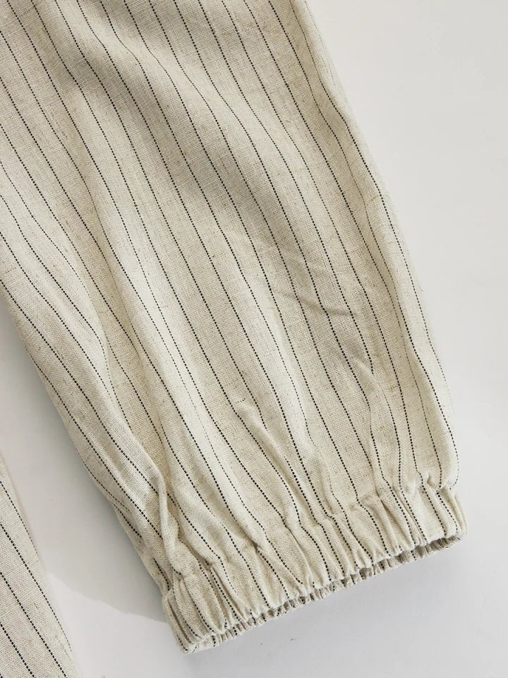 Striped Linen V Neck Puff Sleeve Side Split Casual Maxi Dress