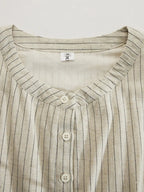 Striped Linen V Neck Puff Sleeve Side Split Casual Maxi Dress