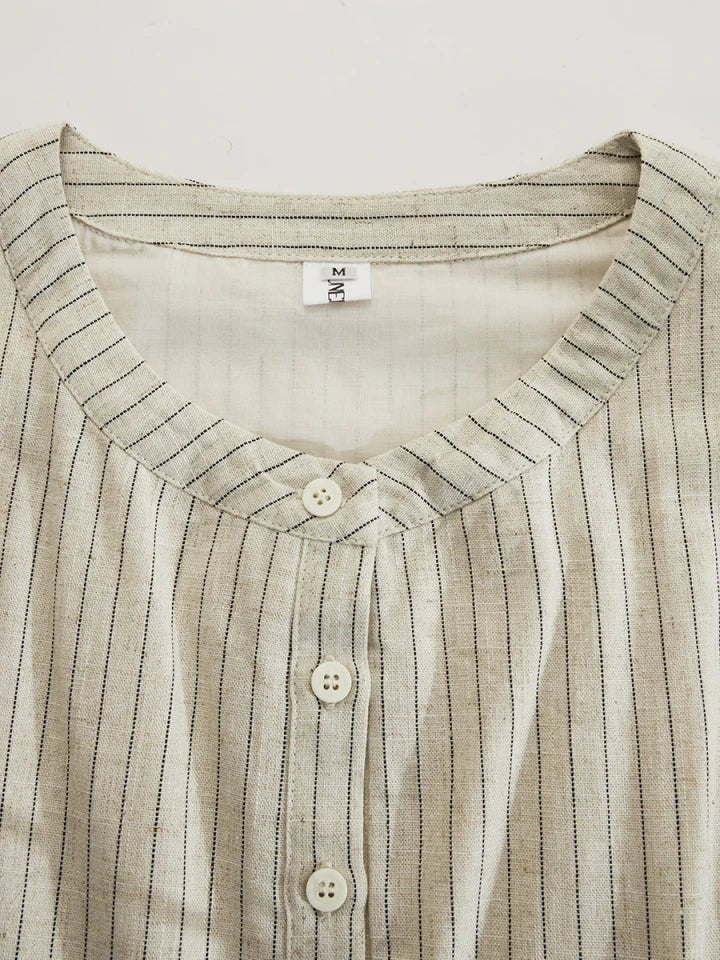 Striped Linen V Neck Puff Sleeve Side Split Casual Maxi Dress