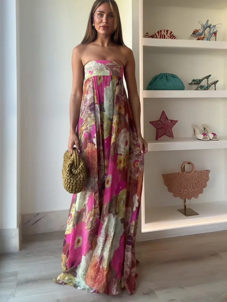 Floral Strapless Empire Waist Flowy Maxi Dress - Wedding Guest