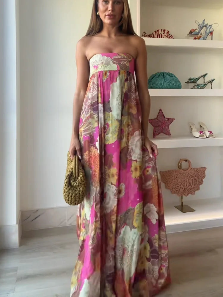 Floral Strapless Empire Waist Flowy Maxi Dress - Wedding Guest