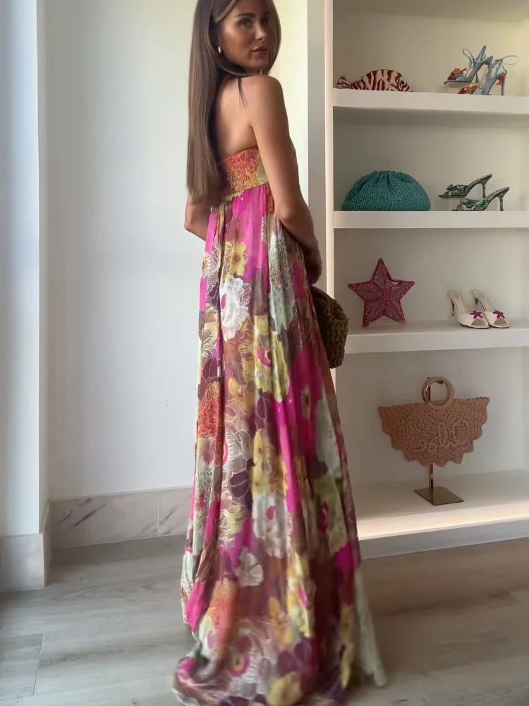Floral Strapless Empire Waist Flowy Maxi Dress - Wedding Guest