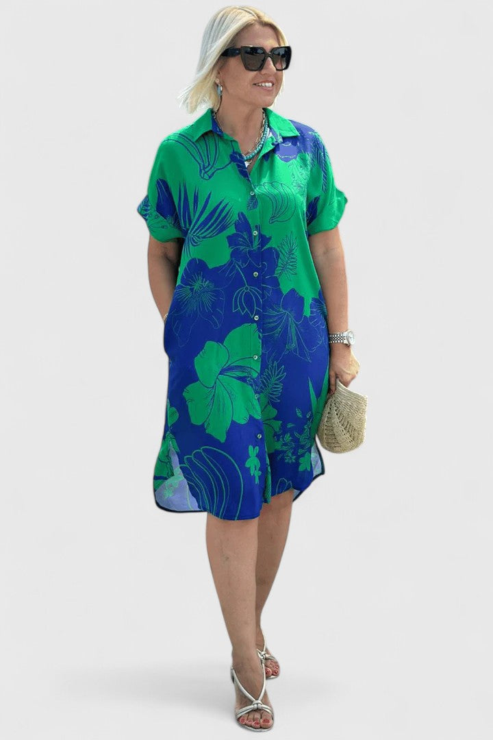 Floral Oversized Collar Neck Cap Sleeve Button Down Shirt Midi Dress