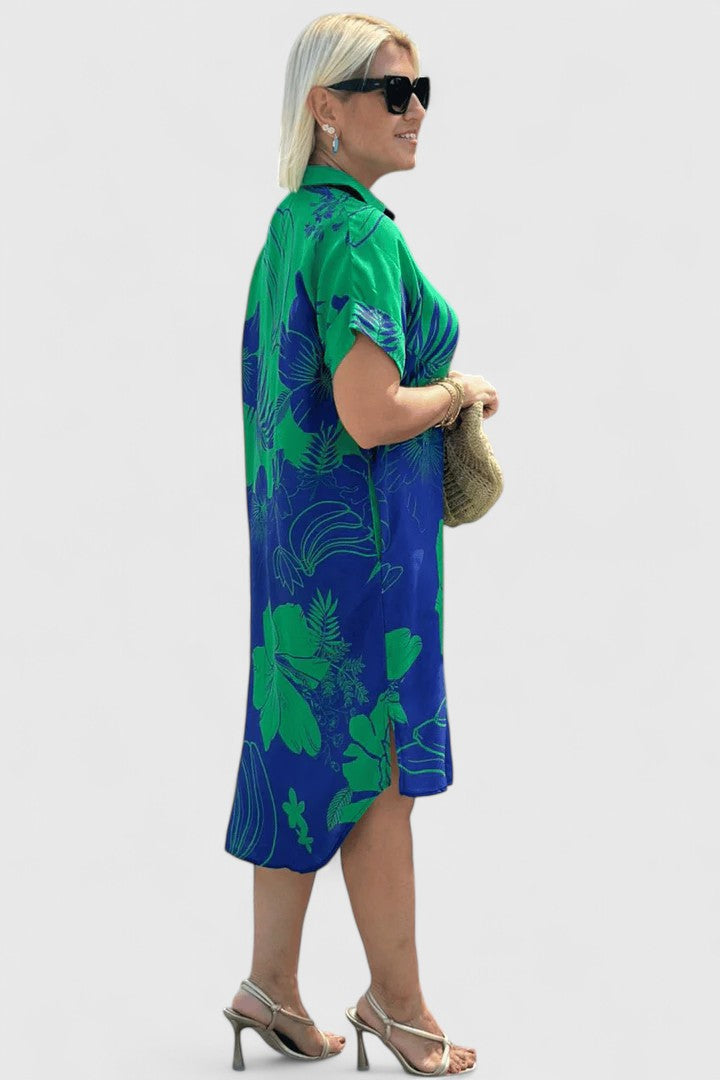 Floral Oversized Collar Neck Cap Sleeve Button Down Shirt Midi Dress