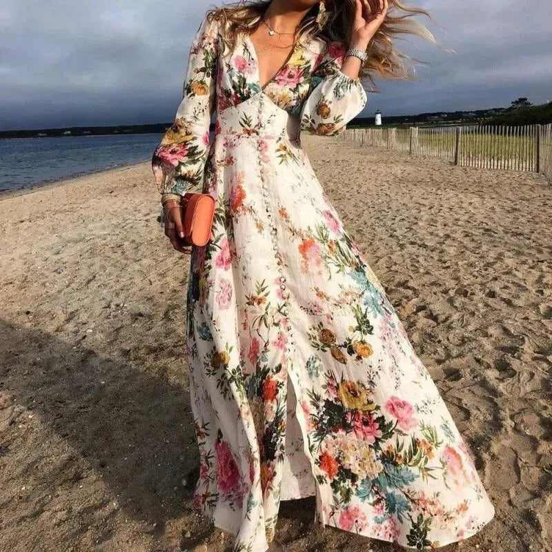 Floral Button Front Deep V-Neck Puff Sleeve Boho Maxi Dress