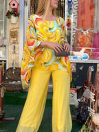 Abstract Print Batwing Longline Top and Wide Leg Pant Set