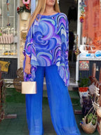 Abstract Print Batwing Longline Top and Wide Leg Pant Set