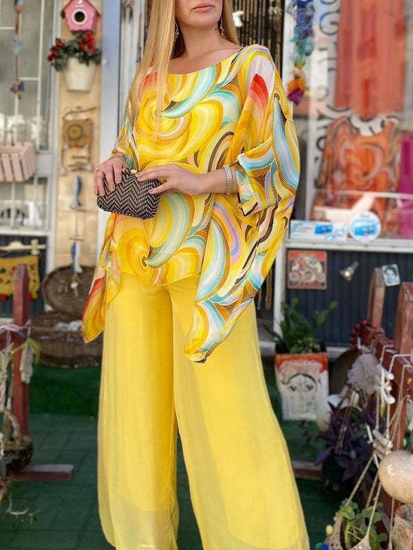 Abstract Print Batwing Longline Top and Wide Leg Pant Set