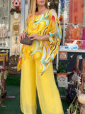 Abstract Print Batwing Longline Top and Wide Leg Pant Set
