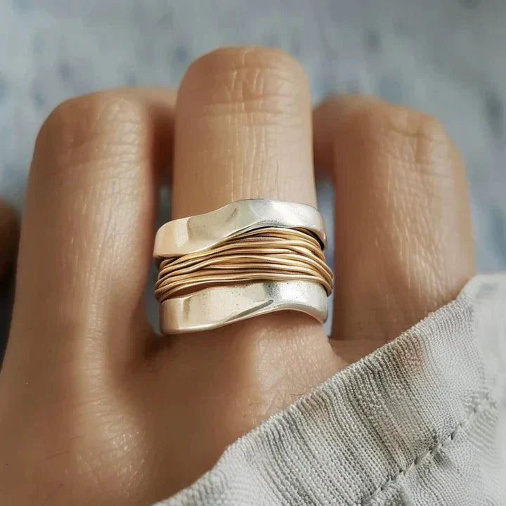 Mixed Metal Wave Band Wrapped Wire Statement Ring
